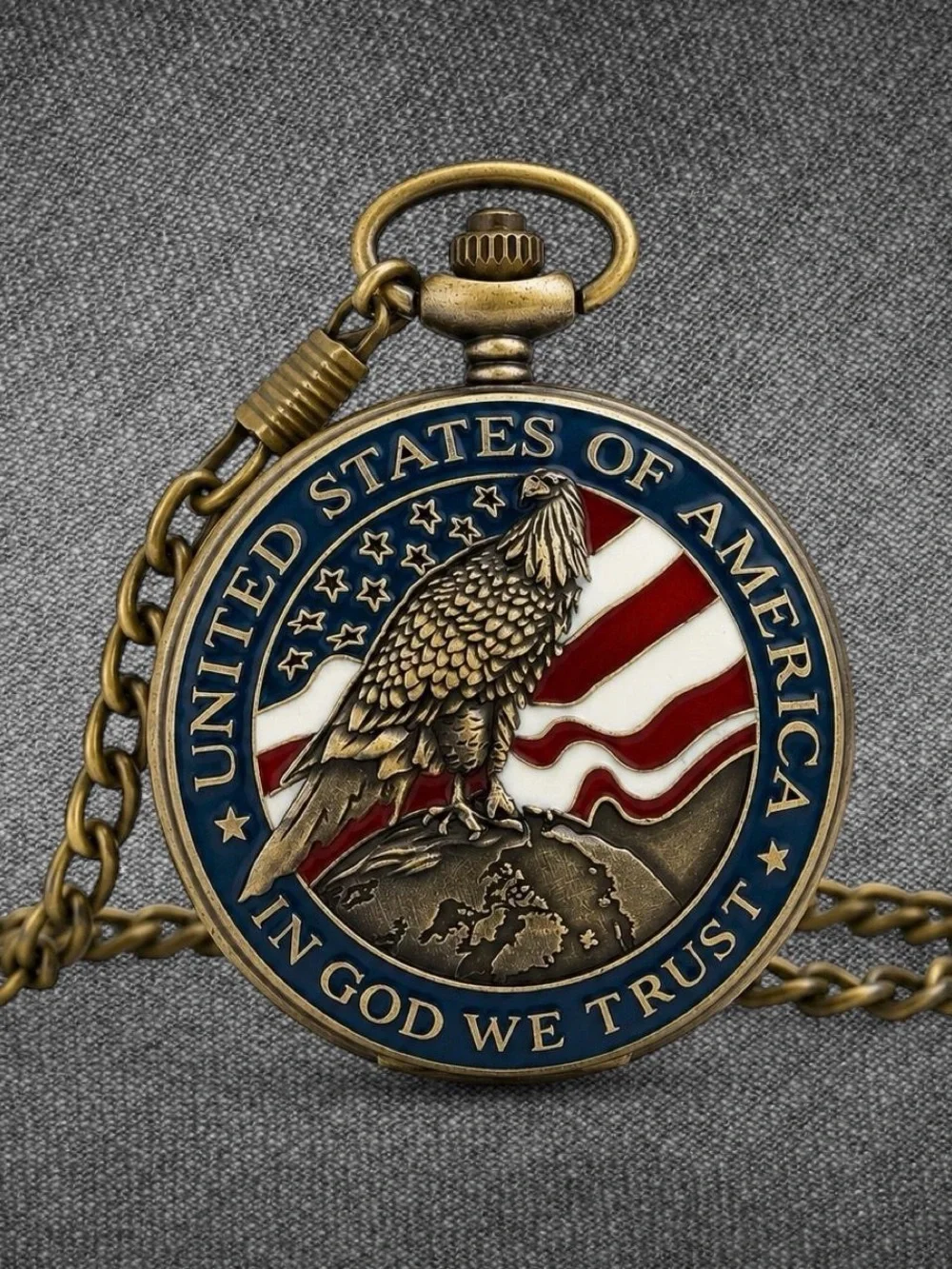 Invicta Patriotic Eagle American Flag Antique Gold Tone Pocket Watch With Chain